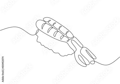 Continuous line drawing of sushi japanese food with salmon fish isolated on a white background.