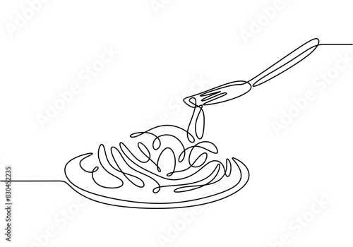 pasta spaghetti noodle with fork in one continuous single line style isolated on white background.