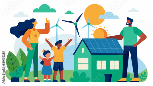 A communityled initiative encourages residents to switch to renewable energy sources like solar panels and wind turbines.. Vector illustration