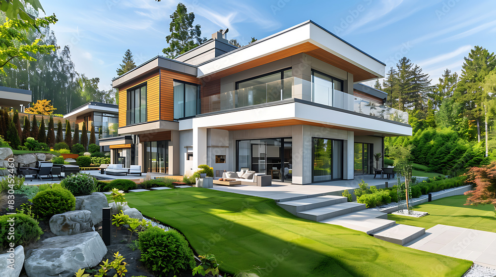 An image depicting a contemporary luxurious residence and its landscaped garden. An image depicting a contemporary luxurious residence and its landscaped garden.