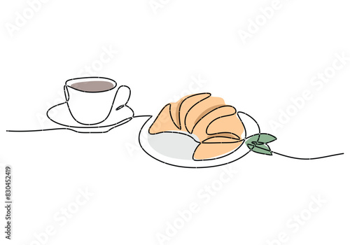 Continuous single one line drawing of croissant with coffee. Hand drawn french pastry for breakfast.