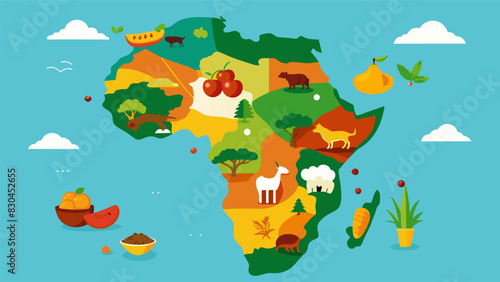 Maps of Africa will be colored and labeled with traditional foods animals and vegetation found in each region.. Vector illustration