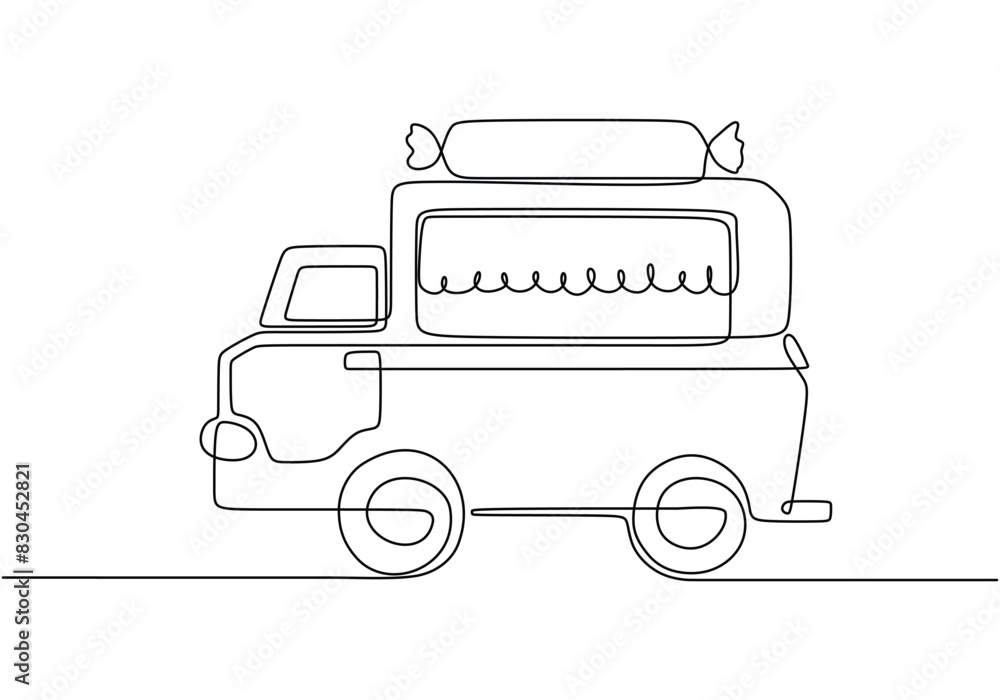 Single one line drawing Food trucks. Restaurant on wheels. Vans for street food selling Car concept. Single one line drawing Food trucks. Restaurant on wheels. Vans for street food selling Car concept.