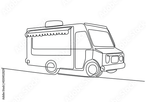 Single one line drawing Food trucks. Restaurant on wheels. Vans for street food selling Car concept.