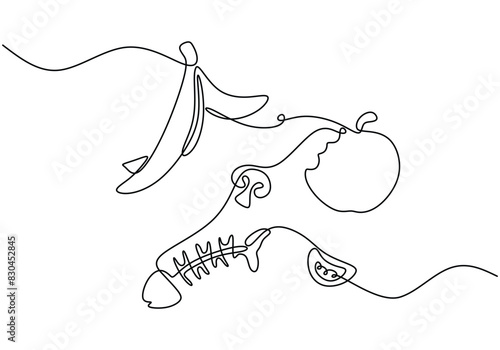 banana peel, Fishbone and leftover fruit and vegetables in continuous line art drawing style.