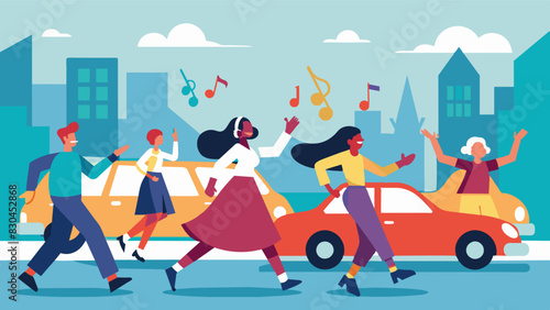 Beeps and honks of passing cars merge into the rhythm of the community dance flash mob creating a symphony of music and movement on the busy city street.. Vector illustration photo