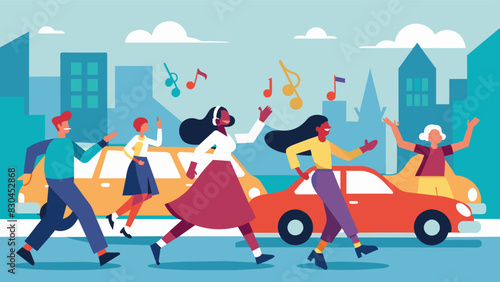 Beeps and honks of passing cars merge into the rhythm of the community dance flash mob creating a symphony of music and movement on the busy city street.. Vector illustration