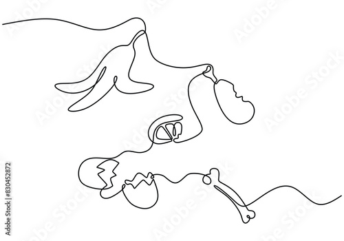 banana peel, Fishbone and leftover fruit and vegetables in continuous line art drawing style.
