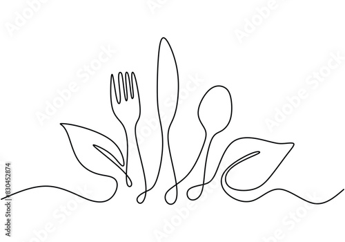 Fork, knife and spoon with vegetable leaf in continuous line art drawing style on white background.
