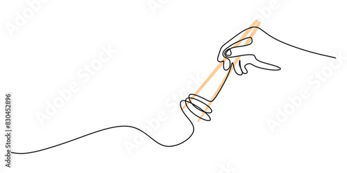 Hand hold chopstick and noodle in continuous line art drawing style isolated on white background.