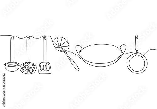 Colander, frying pan, spatula, wok and ladle in continuous line style isolated on white background.
