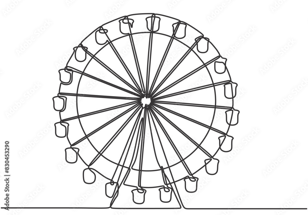 Continuous one line drawing of a ferris wheel in park, a circular circle turning high in the sky.