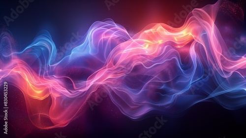 Vibrant Neon Light Waves on Dark Background. Dynamic abstract background with vibrant neon light waves in pink, blue, and purple, flowing against a dark backdrop.