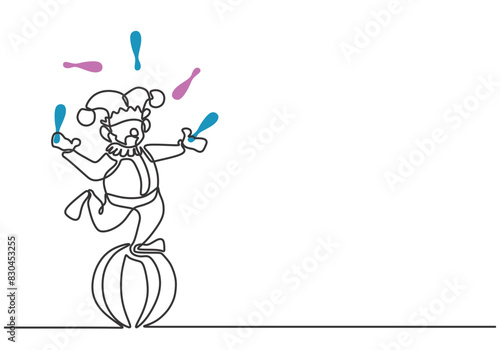 Clown on ball juggling with circus stick use hand standing in continuous line art drawing style.