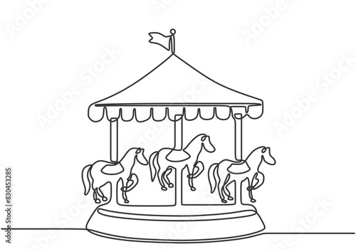 One single continuous line drawing of a horse carousel in an amusement park with horses spinning.