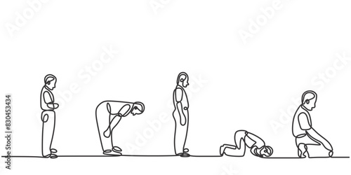Muslim man pray do islamic ritual movement in one continuous single line art drawing style isolated on white background. Islamic concept vector illustration.