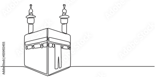 Kaaba in one continuous single line art drawing style. Islamic building concept vector illustration.