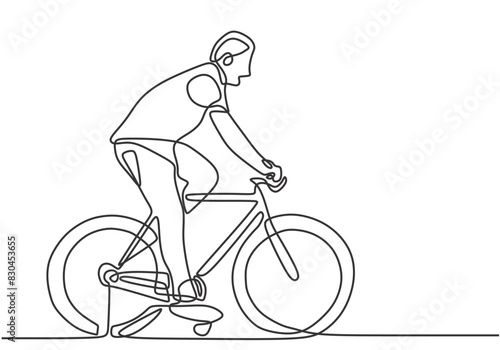 Man ride bicycle in one continuous single line art drawing style. Adventure traveling outdoor sport.