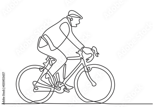 Man ride bicycle in one continuous single line art drawing style. Adventure traveling outdoor sport.
