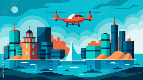 In a future where sea levels have risen drastically eVTOL air taxis are the only means of transportation in flooded cities providing critical disaster relief services to affected. Vector illustration