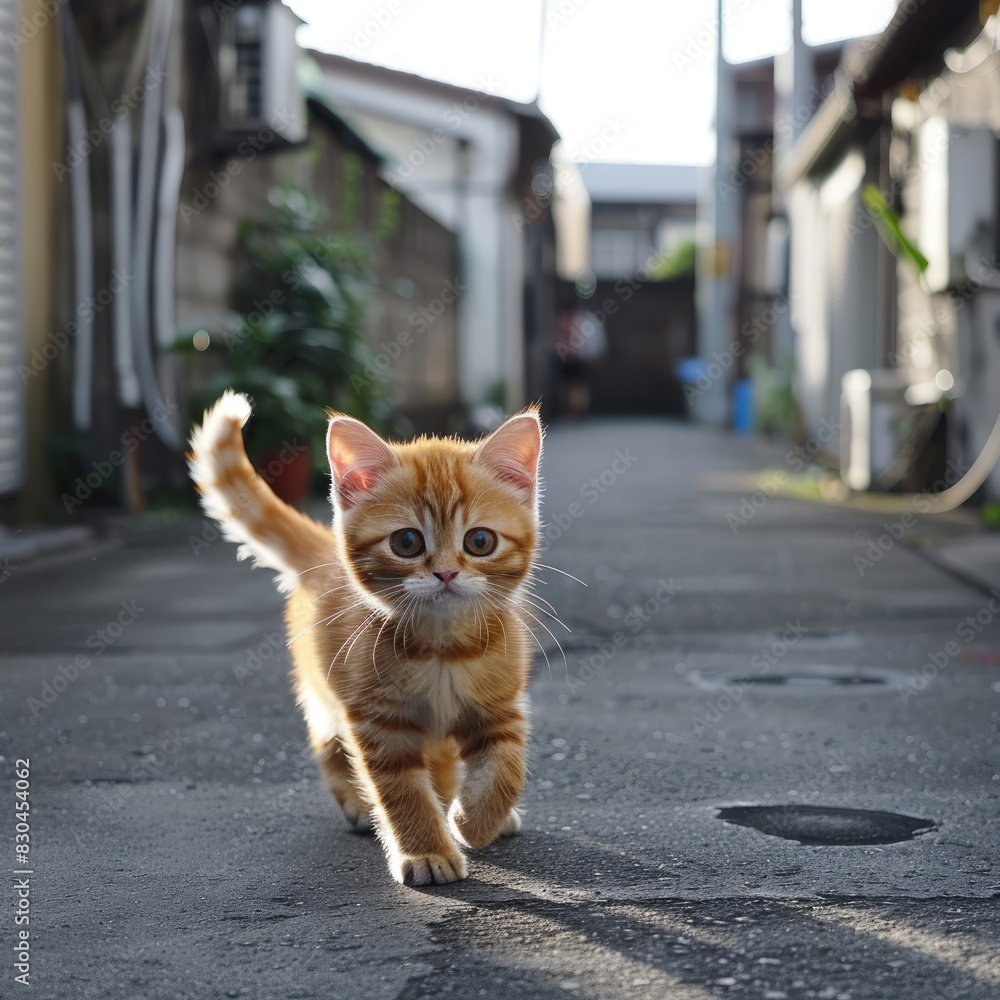 Adorable ginger kitten strutting down urban alley Adorable ginger kitten strutting down urban alley