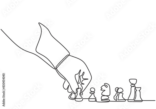 Hand play chess on board in one continuous single line art drawing style isolated white background.