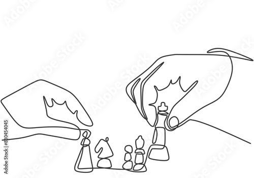 Hand play chess on board in one continuous single line art drawing style isolated white background.