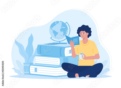 Young woman reading a book in library interior and drinking coffee  concept flat illustration
