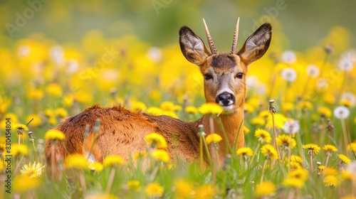 Roebuck shedding its coat in a spring field filled with dandelions