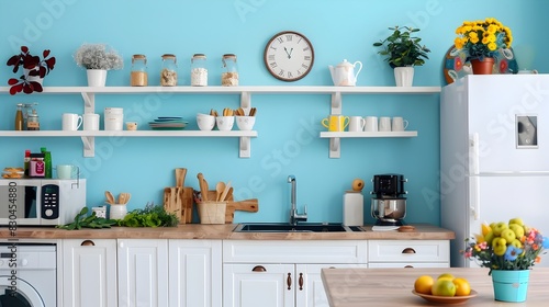 Cozy and Organized Modern Kitchen Interior with Shelves Appliances and Cookware