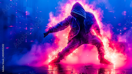 Hooded Dancer in Vibrant Neon Smoke.