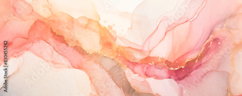 Horizontal alcohol ink art in pink tones on a white background
