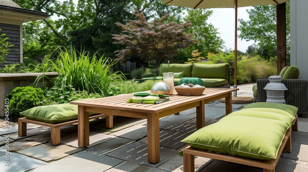 Fototapeta premium Simple Outdoor Patio with Wooden Table and Green Cushions in Relaxing Setting