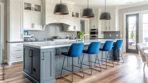 Sleek Kitchen Island with Blue Bar Stools and Grey Countertops in Modern Design