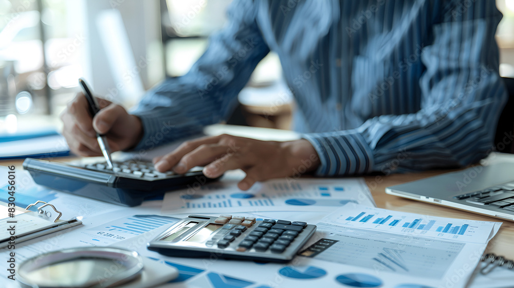 Businessman working on Desk office business finance, generative AI Businessman working on Desk office business finance, generative AI