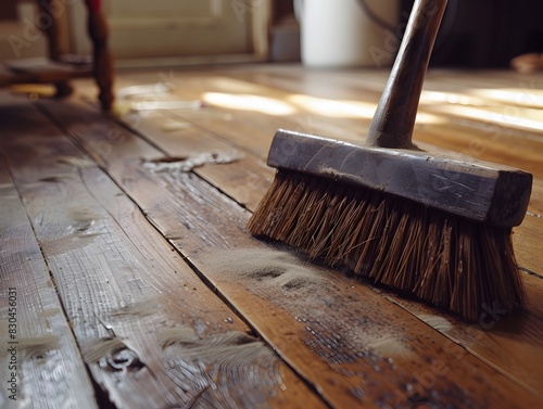Freshly Swept Hardwood Floor with Trusty Broom,Satisfaction of a Clean,Tidy Home Environment photo