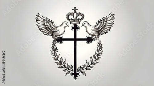Holy Trinity symbols. Cross, crown and dove of Holy Spirit. Christian symbols against white background. Vector illustration.