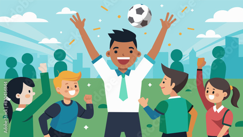 A student capturing the excitement and camaraderie of a soccer game on the school field with cheering classmates and flying soccer balls in the frame.. Vector illustration
