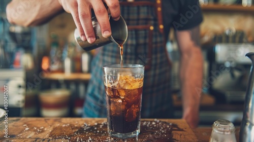 Man preparing cold Brew Coffee with Espresso in a glass on a wooden surface