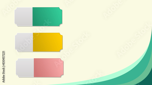Colorful pannel for advertaisment three horizontal rectangular elements, each divided into two halves. The left half of each rectangle is grey, while the right half is colored differently for each