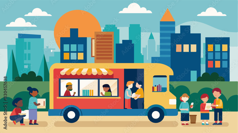 In a bustling city a community literacy program sets up a mobile classroom in different neighborhoods bringing books worksheets and games to individuals who may not have access to. Vector illustration In a bustling city a community literacy program sets up a mobile classroom in different neighborhoods bringing books worksheets and games to individuals who may not have access to. Vector illustration