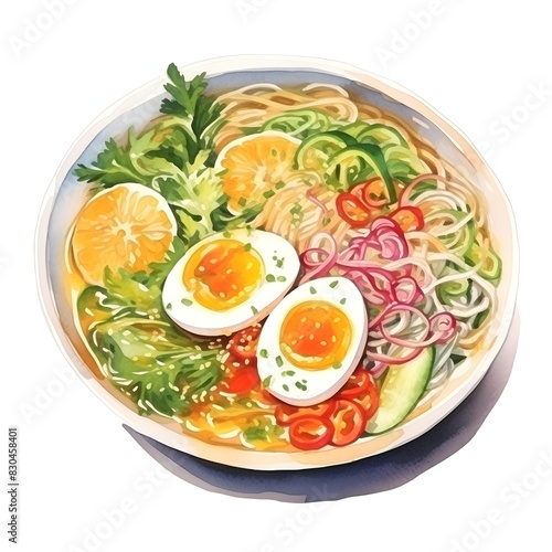 Artfully Crafted Ramen Bowl with Fresh Vegetables and Aromatic Broth