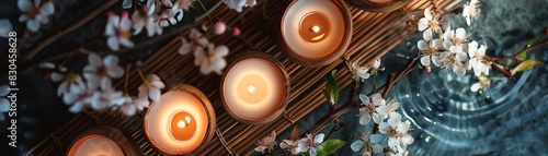 Create an image of a beautiful and serene spa scene. Include 5 lit candles and cherry blossoms. The colors should be soft and muted. The scene should be peaceful and relaxing. photo