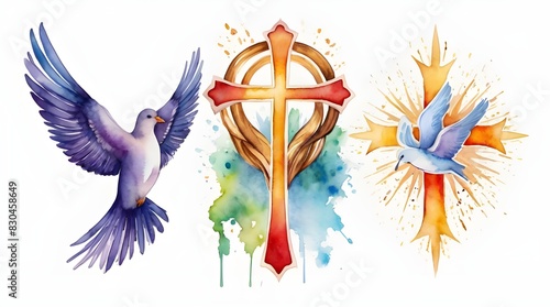 Holy Trinity symbols. Cross, crown and dove of Holy Spirit. Watercolor christian symbols against white background. Vector illustration. photo