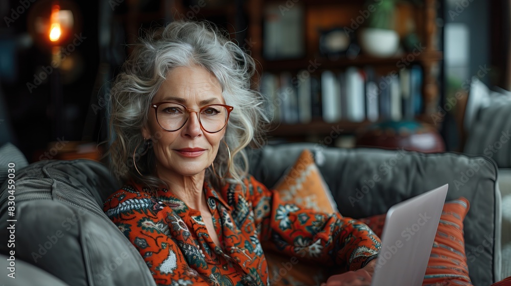 Happy elderly woman working remotely from home office using laptop to take notes Middle-aged businesswoman in her 60s smiling using a laptop computer Happy elderly woman working remotely from home office using laptop to take notes Middle-aged businesswoman in her 60s smiling using a laptop computer