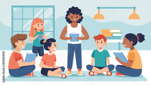 In the gym a group of older students lead a workshop for their younger peers on effective testtaking strategies emphasizing the importance of staying calm and focused during exams.. Vector