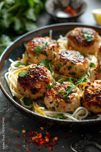 Comfort food dish with meatballs  noodles  and savory sauce on table