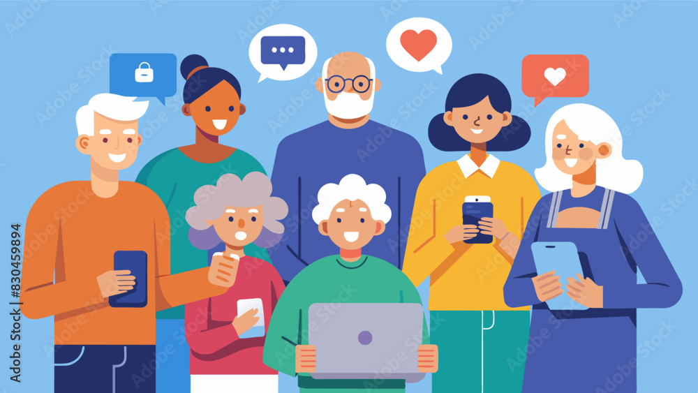 A group of volunteers host a technology assistance program for the elderly helping them navigate new devices and stay connected with their loved ones.. Vector illustration A group of volunteers host a technology assistance program for the elderly helping them navigate new devices and stay connected with their loved ones.. Vector illustration