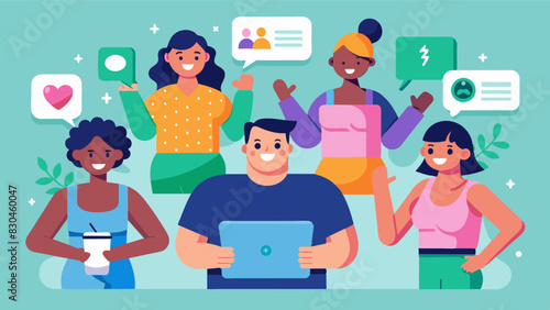 An online community of body positive fitness trainers sharing inspirational quotes and uplifting messages to empower their clients.. Vector illustration