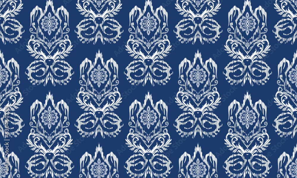Hand draw Ikat paisley embroidery.geometric ethnic oriental pattern traditional.Aztec style abstract vector illustration.  blue background.great for textiles, banners, wallpapers.